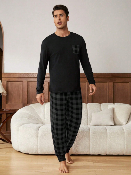 Men's 1pc Long Sleeve T-shirt And 1pc Plaid Trousers Loungewear Set