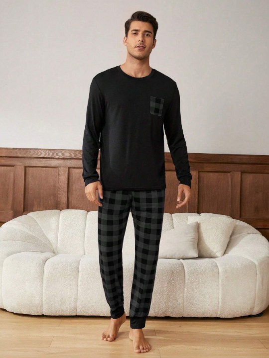 Men's 1pc Long Sleeve T-shirt And 1pc Plaid Trousers Loungewear Set