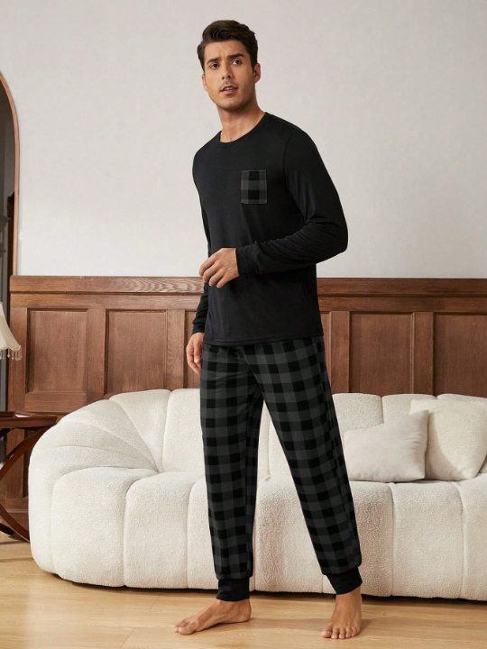 Men's 1pc Long Sleeve T-shirt And 1pc Plaid Trousers Loungewear Set