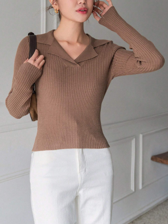 DAZY Solid Color Fine Textured Ribbed Sweater With Collar