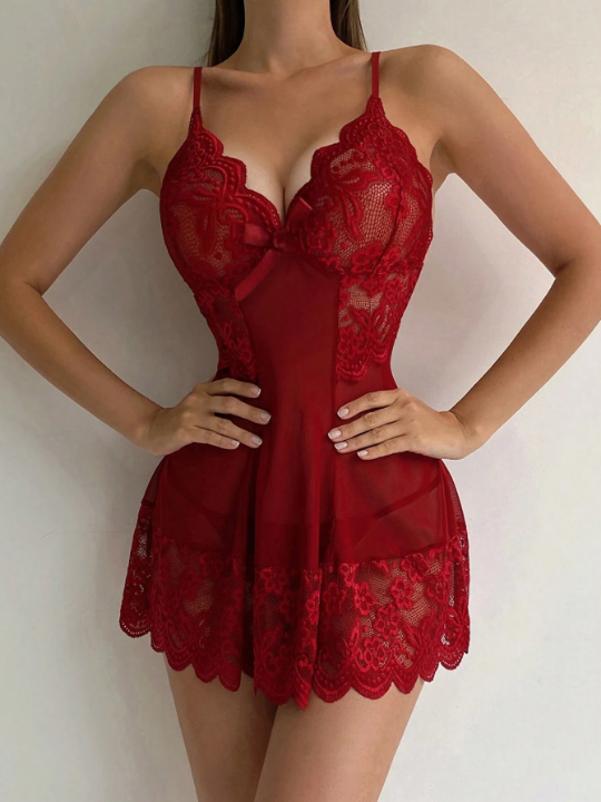 1pc Red Sexy Hollow Out Perspective Printed Lace Cami Sleepwear Lingerie Set