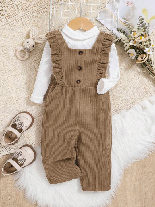 Infant Girls' Casual Corduroy Jumpsuit With Ruffle Hem And Medium Thickness Long Pants