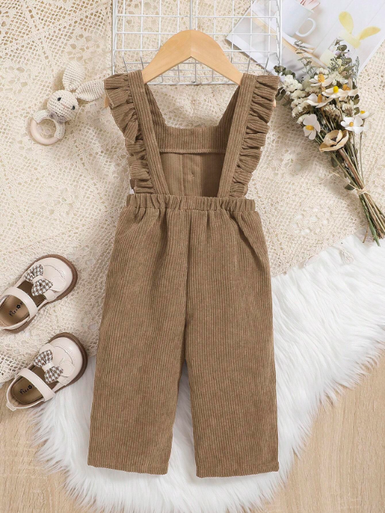 Infant Girls' Casual Corduroy Jumpsuit With Ruffle Hem And Medium Thickness Long Pants