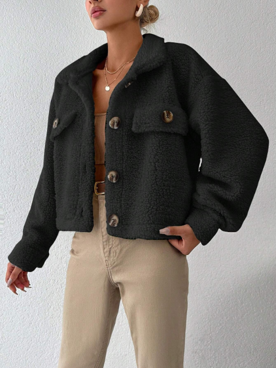 PETITE Flap Detail Drop Shoulder Teddy Jacket