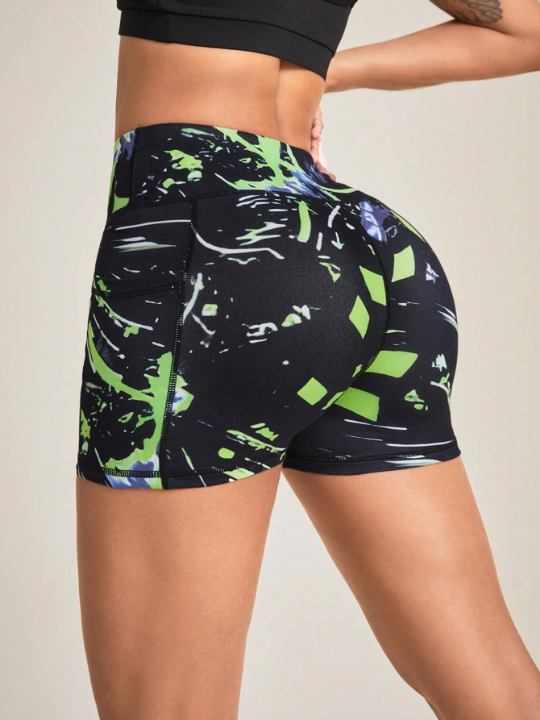 High Stretch Splatter Printed Sports Shorts With Phone Pocket