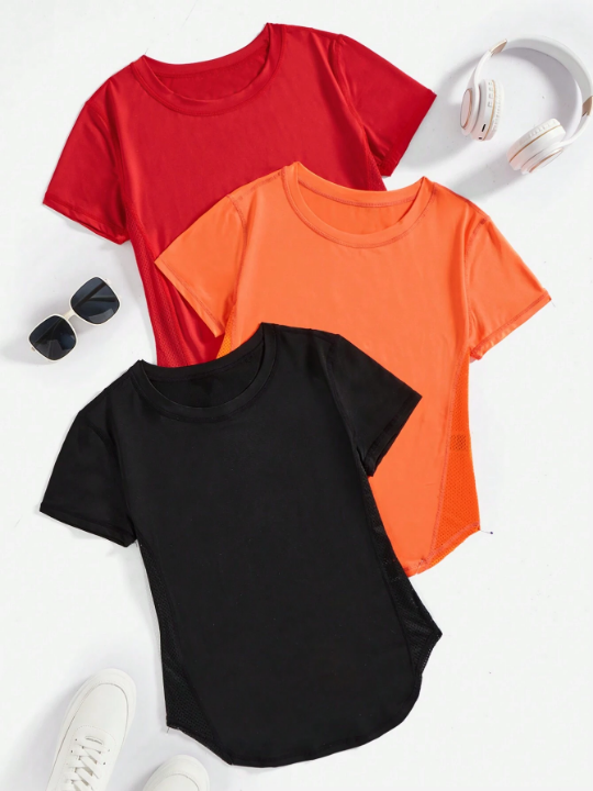 3pcs Solid Color Round Neck Sports T-Shirt