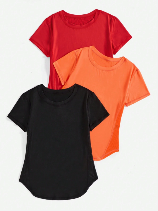 3pcs Solid Color Round Neck Sports T-Shirt