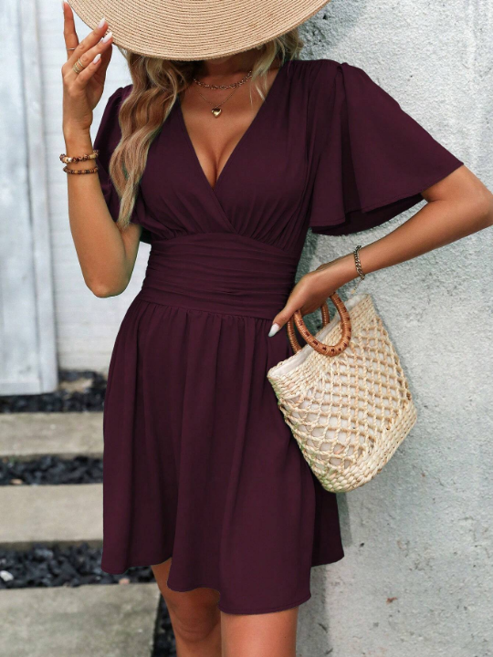 LUNE Wrap Neckline Bell Sleeve Dress