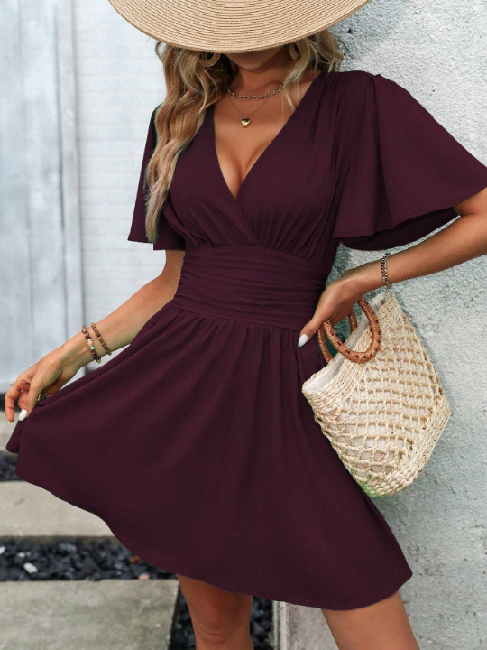 LUNE Wrap Neckline Bell Sleeve Dress