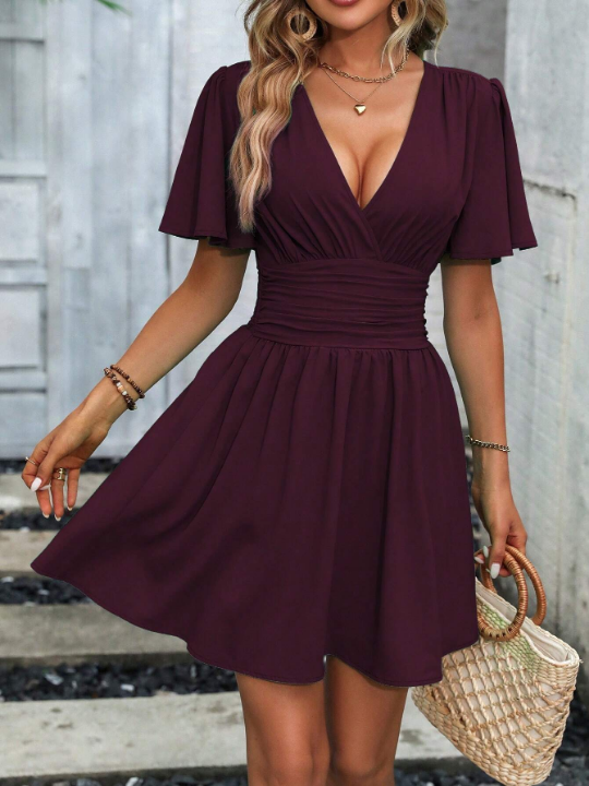 LUNE Wrap Neckline Bell Sleeve Dress