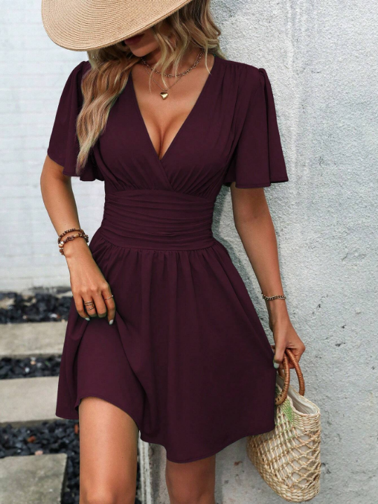 LUNE Wrap Neckline Bell Sleeve Dress