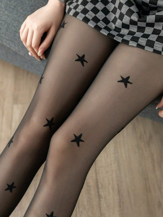 1 Pair Of Women's Sexy Black Stockings Five-Pointed Star Jacquard Ultra-Thin 20d High Elastic Breathable Pantyhose