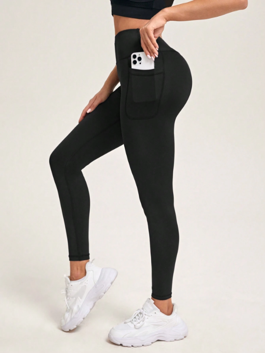 Yoga Basic Solid Color Sports Leggings With Phone Pocket