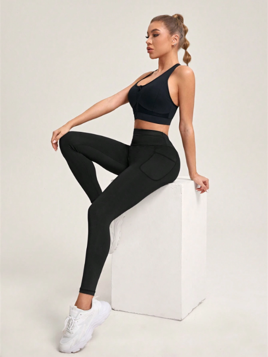 Yoga Basic Solid Color Sports Leggings With Phone Pocket