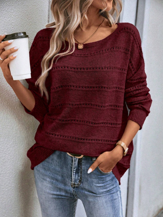 LUNE Solid Drop Shoulder Pointelle Knit Sweater