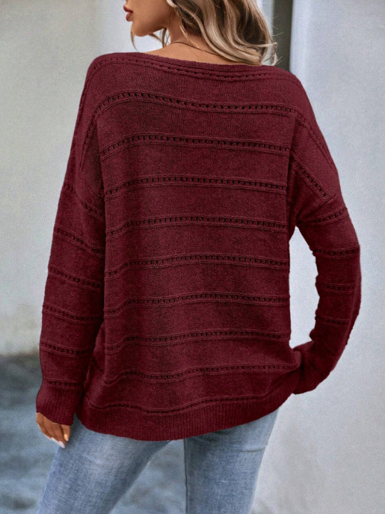 LUNE Solid Drop Shoulder Pointelle Knit Sweater