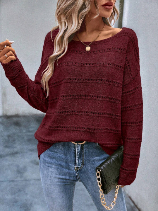 LUNE Solid Drop Shoulder Pointelle Knit Sweater