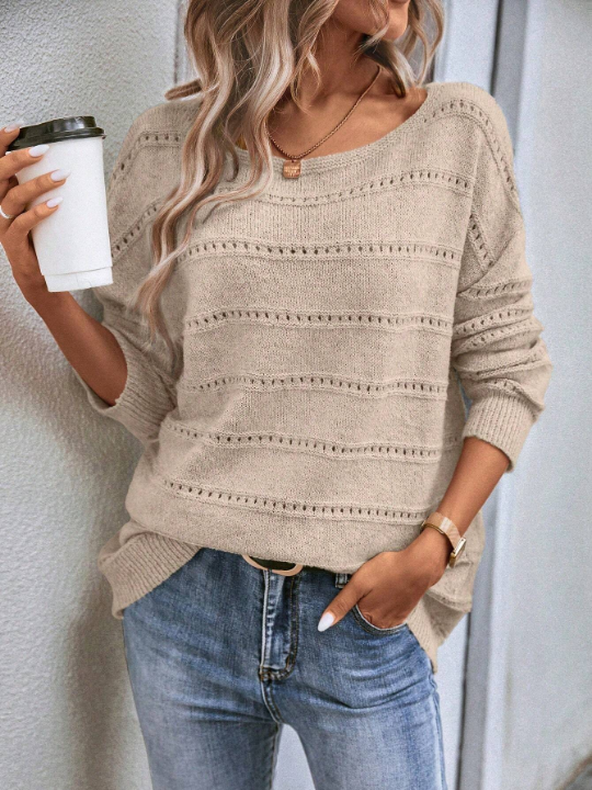 LUNE Boat Neck Pointelle Knit Drop Shoulder Sweater