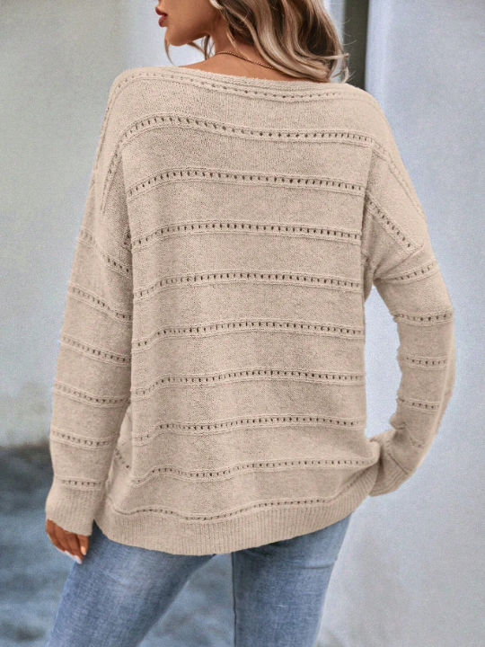 LUNE Boat Neck Pointelle Knit Drop Shoulder Sweater