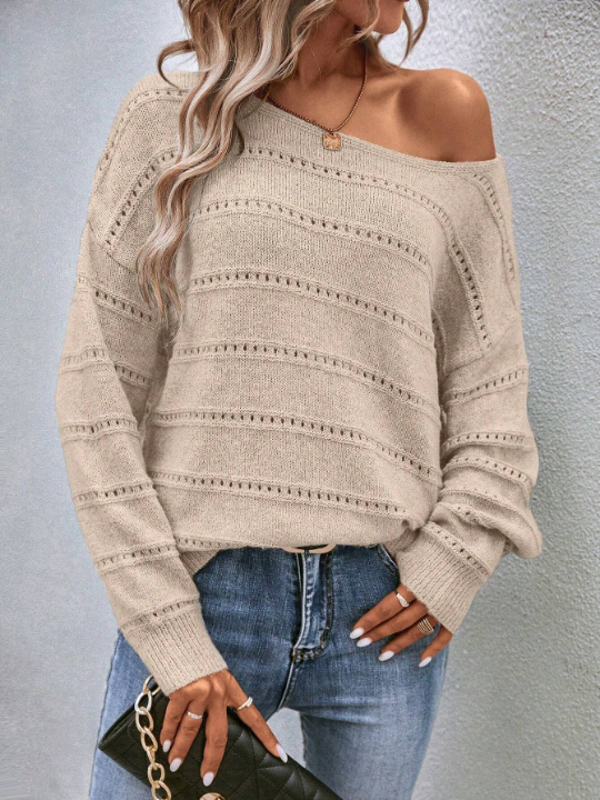 LUNE Boat Neck Pointelle Knit Drop Shoulder Sweater