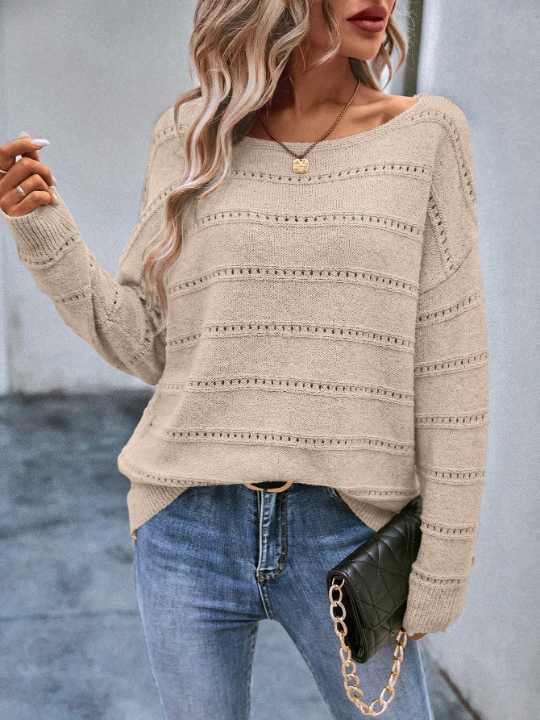 LUNE Boat Neck Pointelle Knit Drop Shoulder Sweater