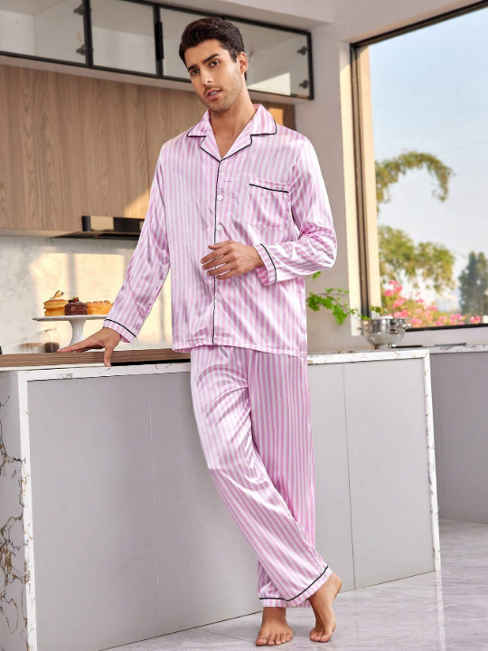 Men'S Color Block Striped Ribbed Satin Pajama Set