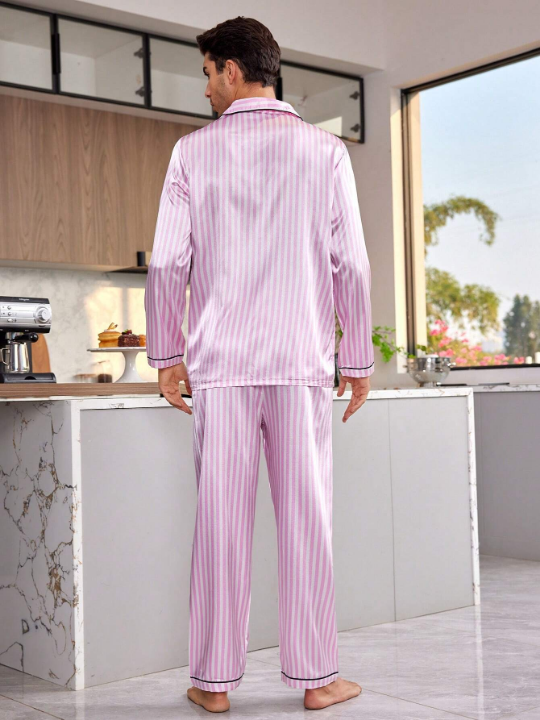 Men'S Color Block Striped Ribbed Satin Pajama Set