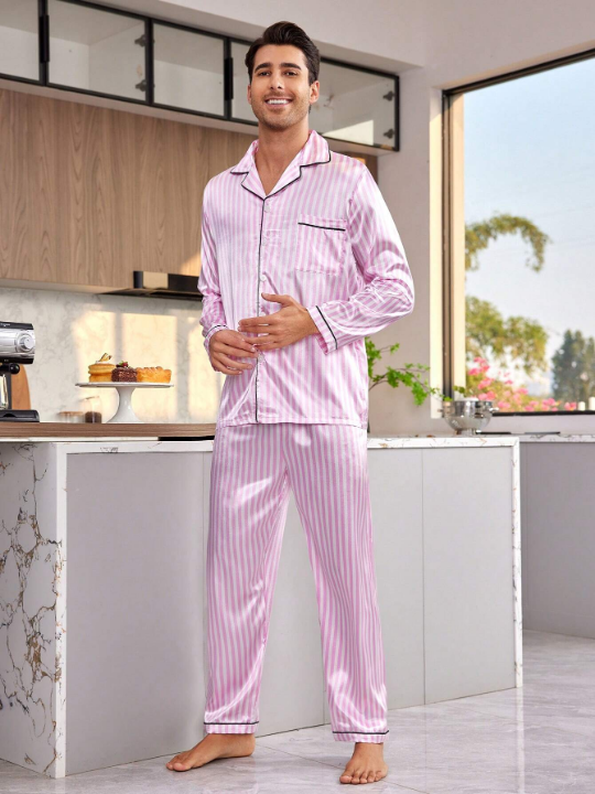 Men'S Color Block Striped Ribbed Satin Pajama Set