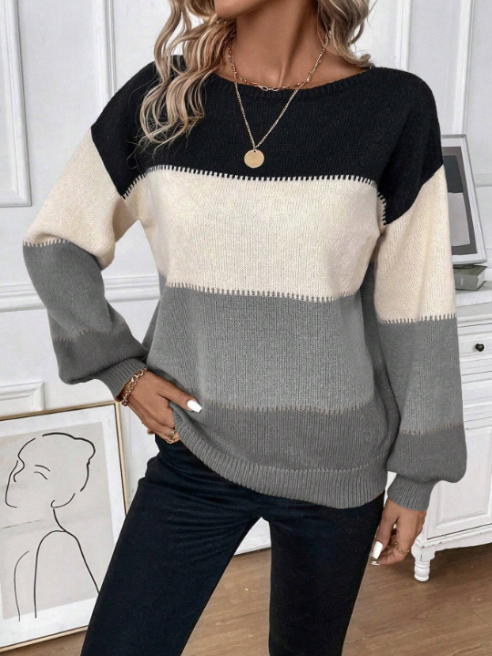 LUNE Casual Ladies' Colorblock Sweater With Dropped Shoulders