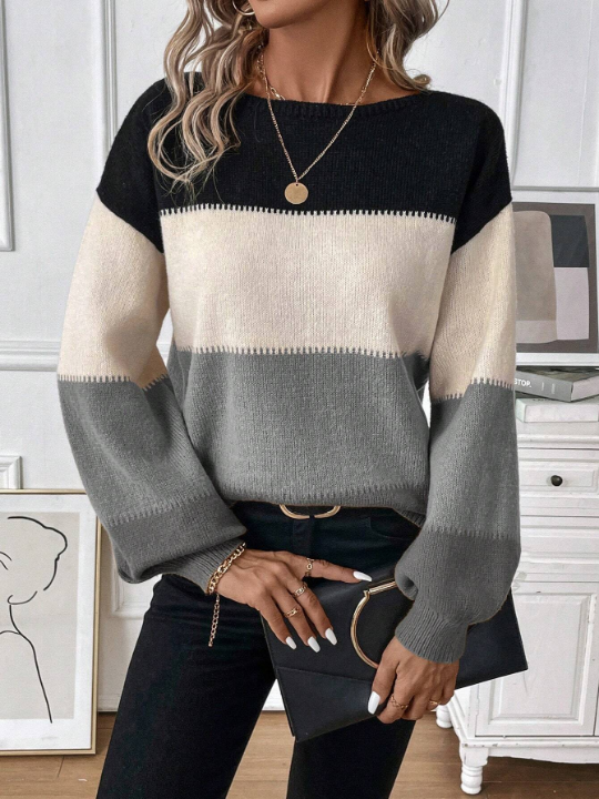 LUNE Casual Ladies' Colorblock Sweater With Dropped Shoulders