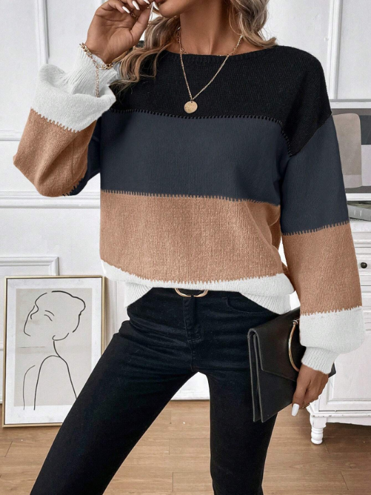 LUNE Women'S Oversized Color Block Drop Shoulder Sweater