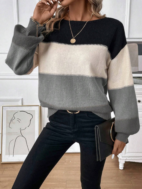 LUNE Casual Ladies' Colorblock Sweater With Dropped Shoulders