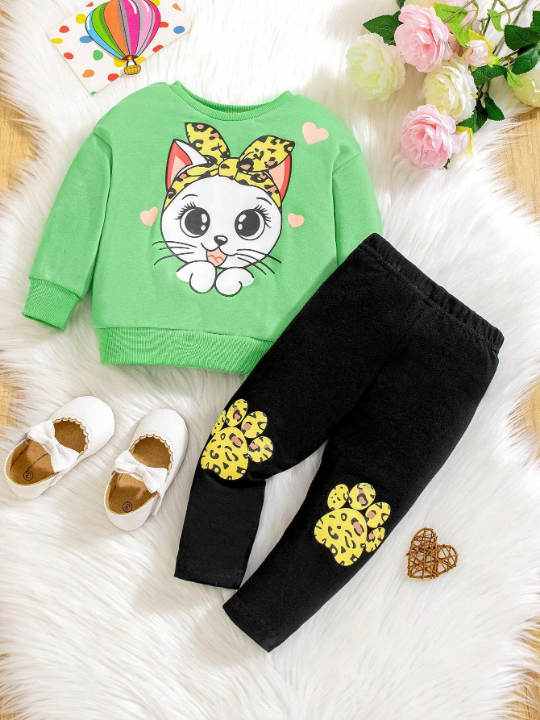 Infant Girls' Cartoon Cat Print Long Sleeve Sweatshirt And Leggings Set