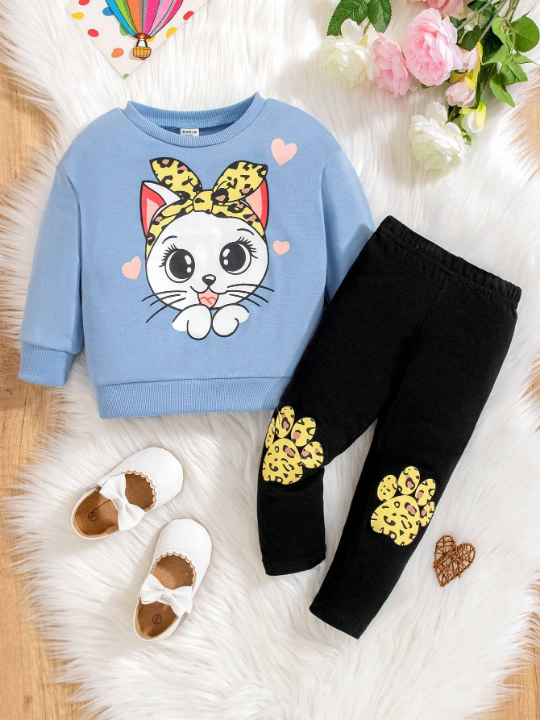 Baby Girls' Cartoon Cat Print Long Sleeve Top And Leggings Set