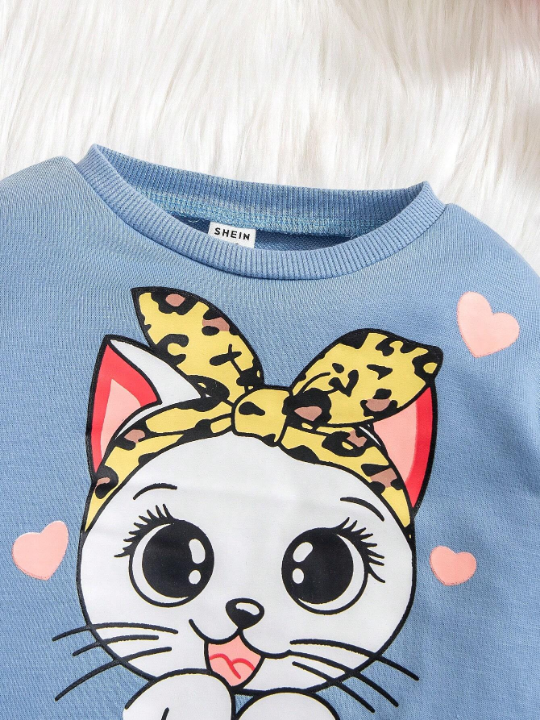 Baby Girls' Cartoon Cat Print Long Sleeve Top And Leggings Set