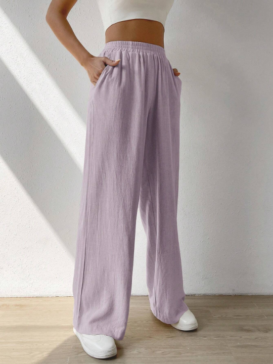 EZwear Solid Color Elastic Waist Wide Leg Pants