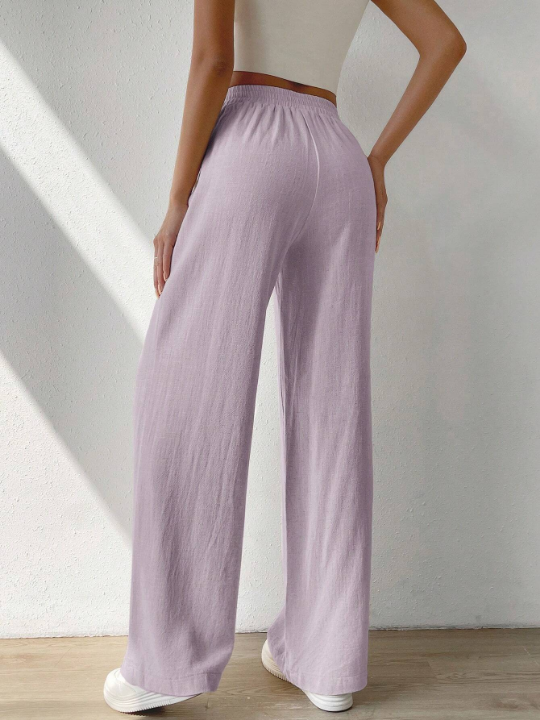 EZwear Solid Color Elastic Waist Wide Leg Pants