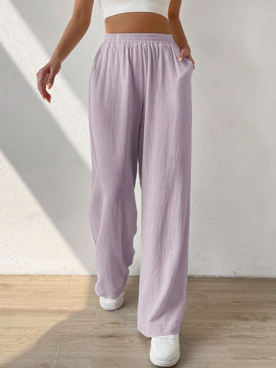 EZwear Solid Color Elastic Waist Wide Leg Pants