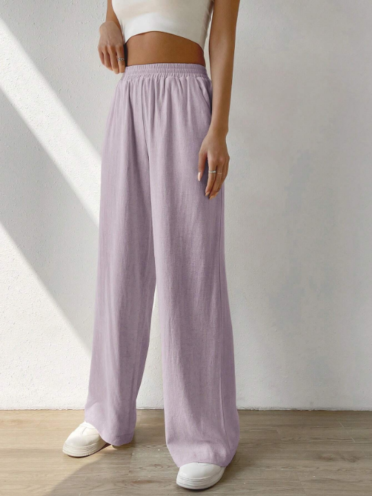 EZwear Solid Color Elastic Waist Wide Leg Pants