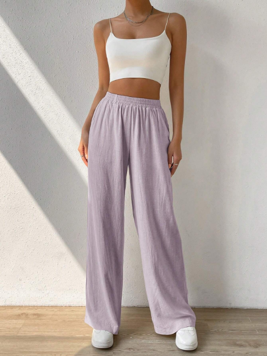 EZwear Solid Color Elastic Waist Wide Leg Pants