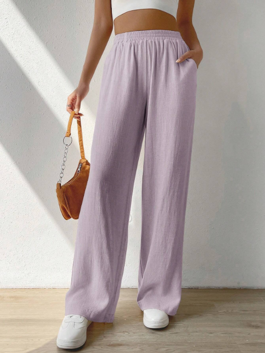 EZwear Solid Color Elastic Waist Wide Leg Pants