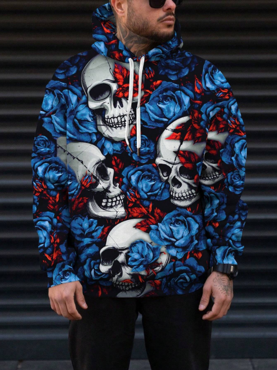 Manfinity LEGND Men'S Skull & Floral Printed Hooded Sweatshirt With Drawstring