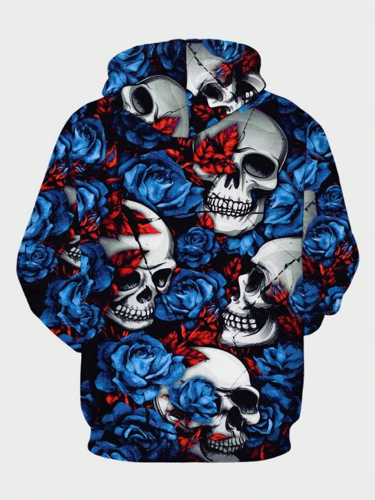 Manfinity LEGND Men'S Skull & Floral Printed Hooded Sweatshirt With Drawstring