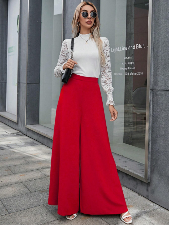 LUNE Solid Color Wide Leg Pants With Hidden Pocket