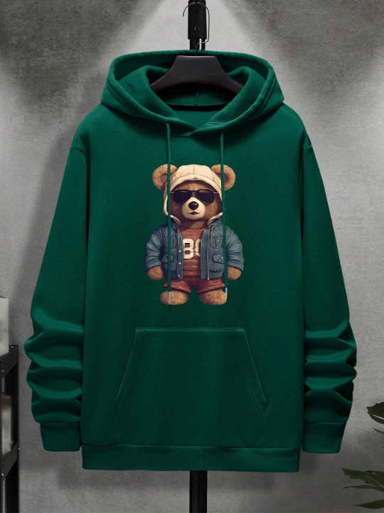 Men's Cartoon Printed Kangaroo Pocket Long Sleeve Hooded Sweatshirt