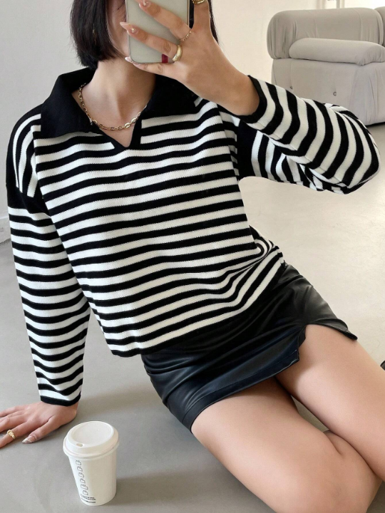 Striped Pattern Drop Shoulder Sweater