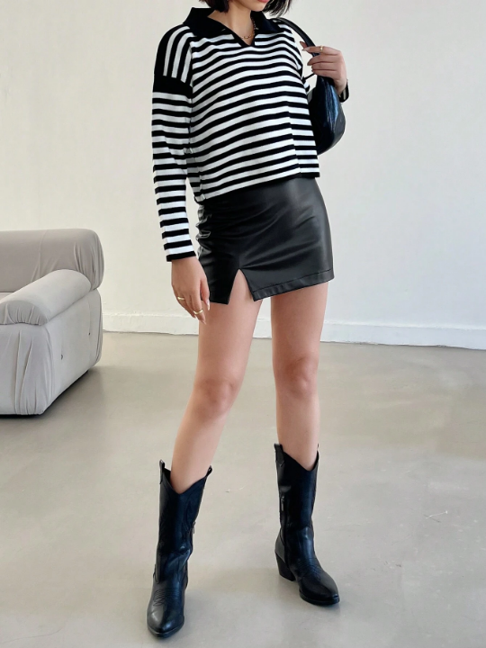 Striped Pattern Drop Shoulder Sweater