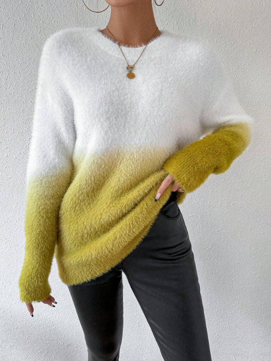 Essnce Color Block Drop Shoulder Plush Sweater