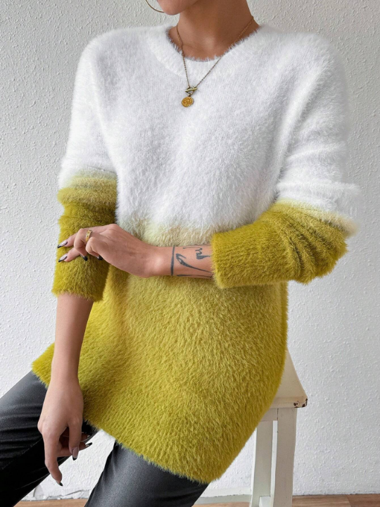 Essnce Color Block Drop Shoulder Plush Sweater