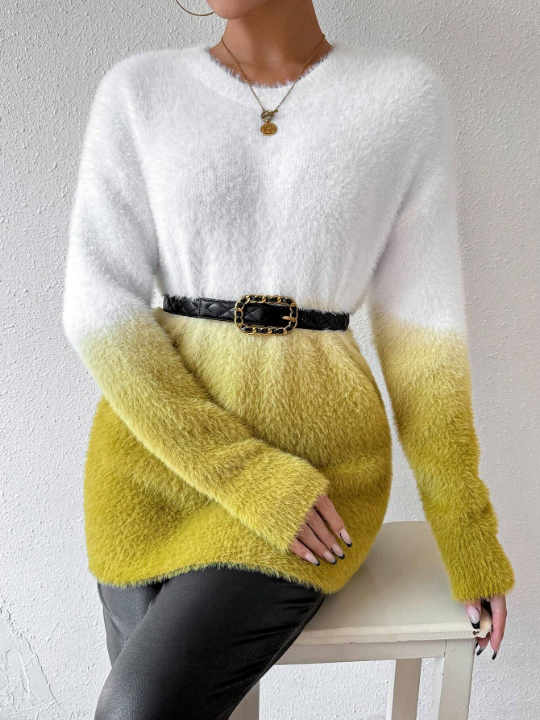 Essnce Color Block Drop Shoulder Plush Sweater